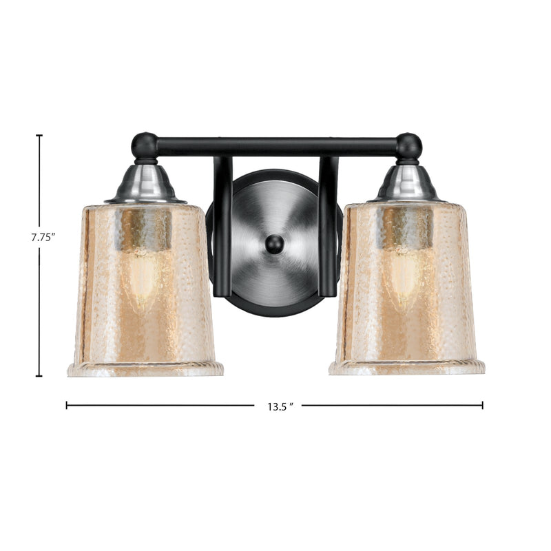 Toltec Paramount 2-Light Bath Bar | Matte Black & Brushed Nickel Steel and Amber Bubble Glass | Bathroom & Powder Room Vanity | D 7.25 x H 7.75 in | Model 3422-MBBN-5033