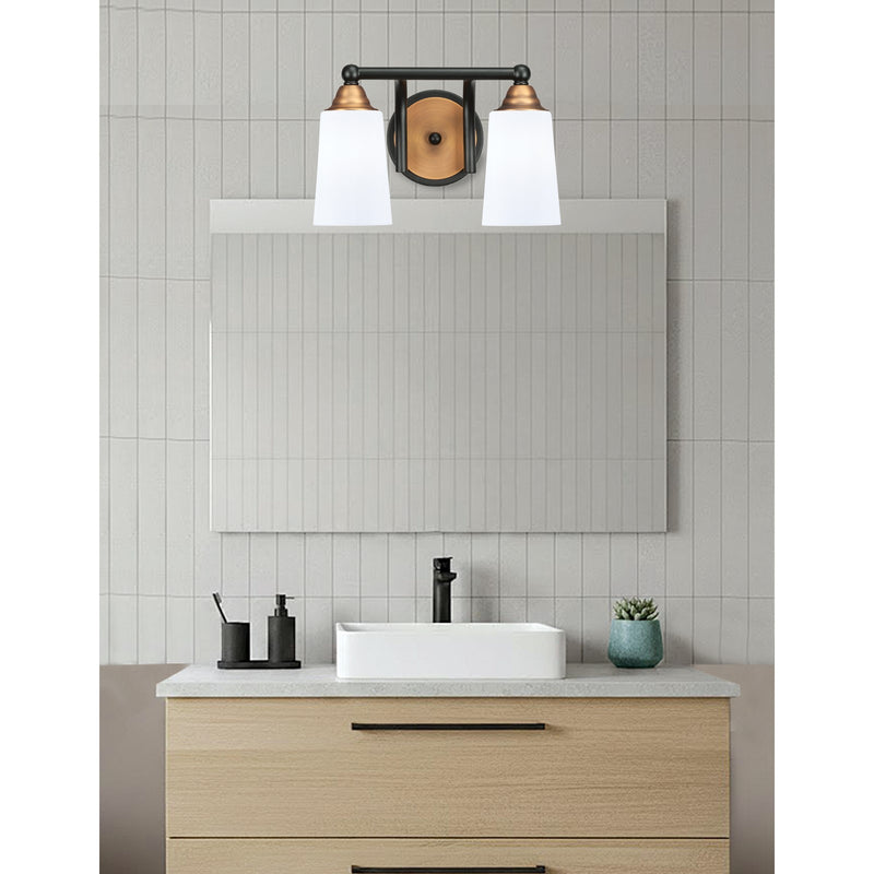 Toltec Paramount 8.75in 2-Light Bath Bar | Modern Matte Black & Brass and White Opal Glass | Bathroom Vanity | 7.25 x 8.75 in | Model 3422-MBBR-261