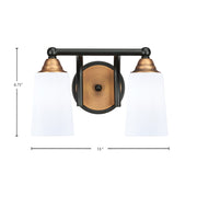 Toltec Paramount 8.75in 2-Light Bath Bar | Modern Matte Black & Brass and White Opal Glass | Bathroom Vanity | 7.25 x 8.75 in | Model 3422-MBBR-261
