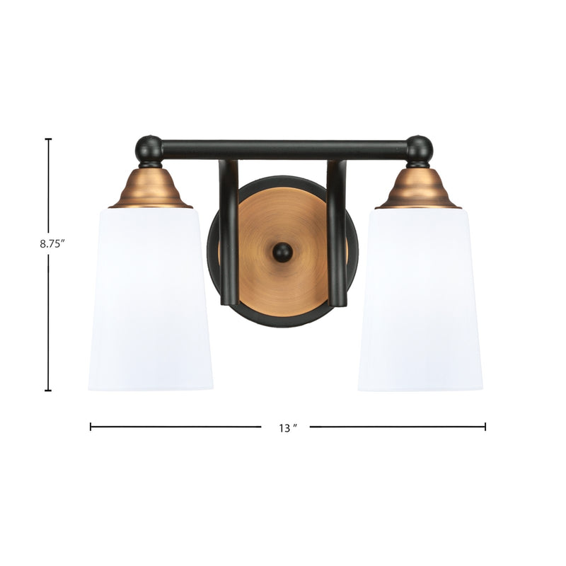 Toltec Paramount 8.75in 2-Light Bath Bar | Modern Matte Black & Brass and White Opal Glass | Bathroom Vanity | 7.25 x 8.75 in | Model 3422-MBBR-261