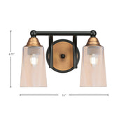 Toltec Paramount 2-Light Bath Bar | Matte Black & Brass with Amber Gradient Glass | Bathroom Vanity & Powder Room | 7.25 x 8.75 in | Model 3422-MBBR-263