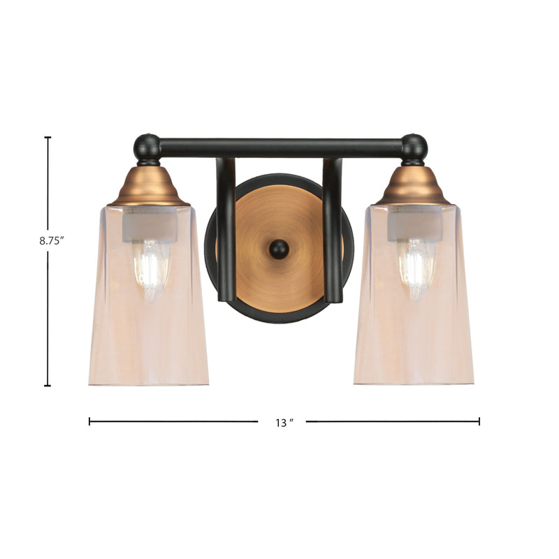 Toltec Paramount 2-Light Bath Bar | Matte Black & Brass with Amber Gradient Glass | Bathroom Vanity & Powder Room | 7.25 x 8.75 in | Model 3422-MBBR-263