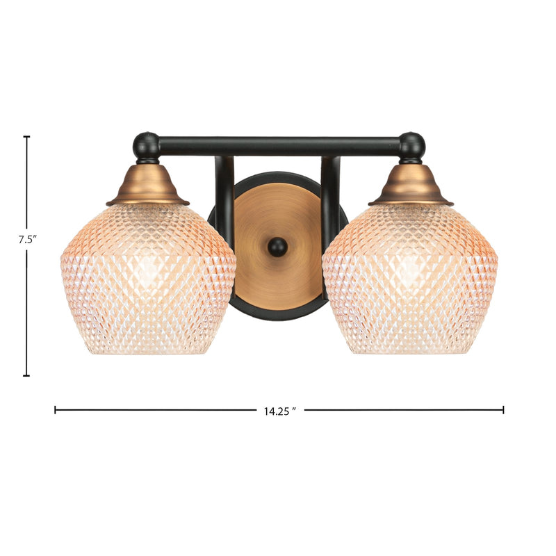 Toltec Paramount 14in 2-Light Bath Bar | Matte Black & Brass Steel and Amber Textured Glass | Bathroom Vanity | 14.25 x 8 x 7.5 in | Model 3422-MBBR-4623