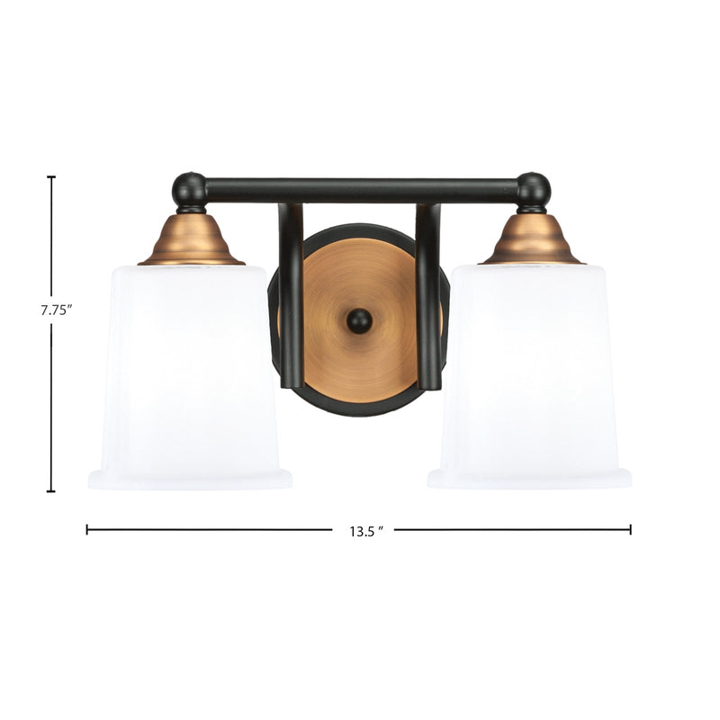 Toltec Paramount 2-Light Bath Bar | Matte Black & Brass with White Opal Glass | Bathroom Vanity & Powder Room | 7.25 x 7.75 in | Model 3422-MBBR-5031