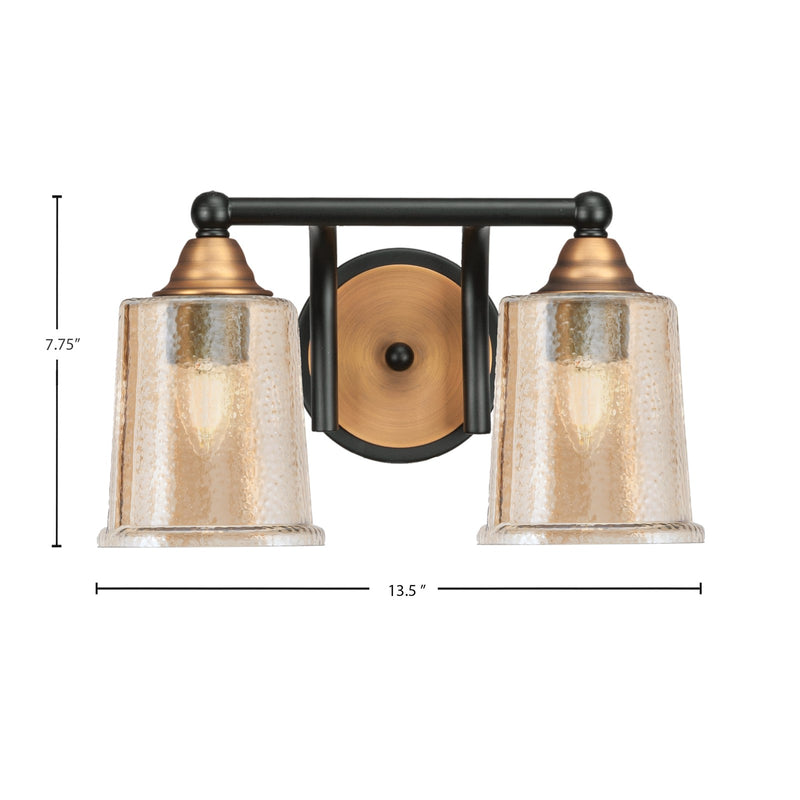 Toltec Paramount 7.75in 2-Light Bath Bar | Modern Matte Black and Brass with Amber Bubble Glass | Bathroom Vanity | 7.25 x 7.75 in | Model 3422-MBBR-5033