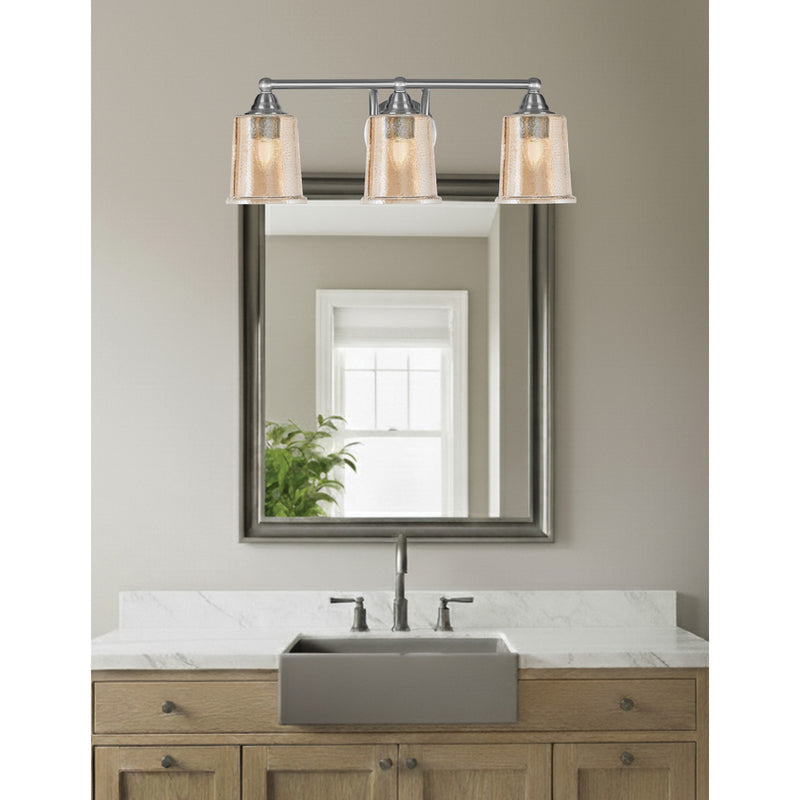 Toltec Paramount 3-Light Bath Bar | Brushed Nickel and Amber Bubble Glass | Bathroom Vanity & Powder Room | 7.25 x 7.75 in | Model 3423-BN-5033