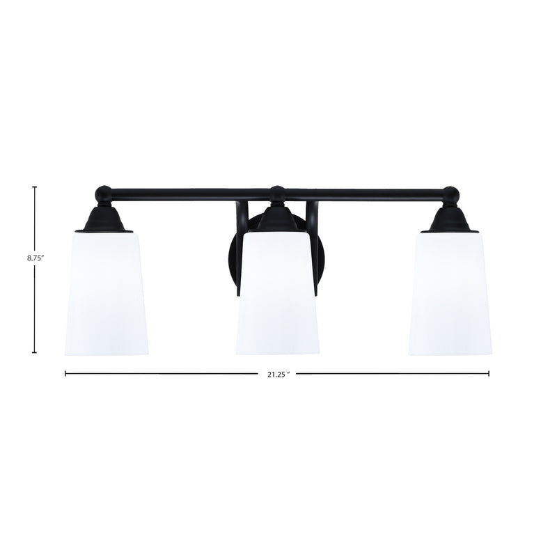 Toltec Paramount 3-Light Bath Bar | Matte Black Steel and White Opal Glass | Bathroom Vanity & Powder Room | 7.25 x 8.75 in | Model 3423-MB-261