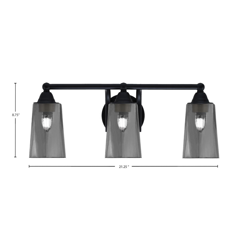 Toltec Paramount 3-Light Bath Bar | Matte Black Steel and Smoke Bubble Glass | Bathroom Vanity & Powder Room | 7.25 x 8.75 in | Model 3423-MB-262