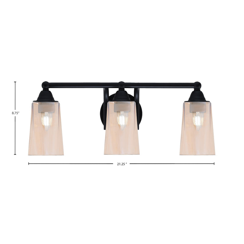 Toltec Paramount 3-Light Bath Bar | Modern Matte Black and Amber Gradient Glass | Bathroom Vanity & Powder Room | 7.25 x 8.75 in | Model 3423-MB-263
