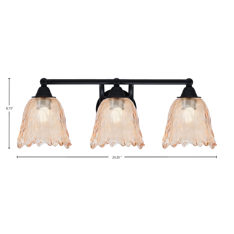 Toltec Paramount 3-Light Bath Bar | Modern Matte Black and Amber Lava Glass | Bathroom & Powder Room Vanity Light | 8 x 8.75 in | Model 3423-MB-4233