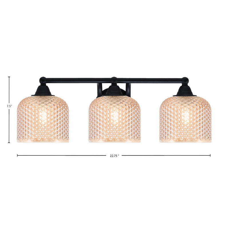 Toltec Paramount 22.75in 3-Light Bath Bar | Modern Matte Black Steel and Amber Textured Glass | Bathroom Vanity Light | 22.75 x 8.5 x 7.5 in | Model 3423-MB-4613