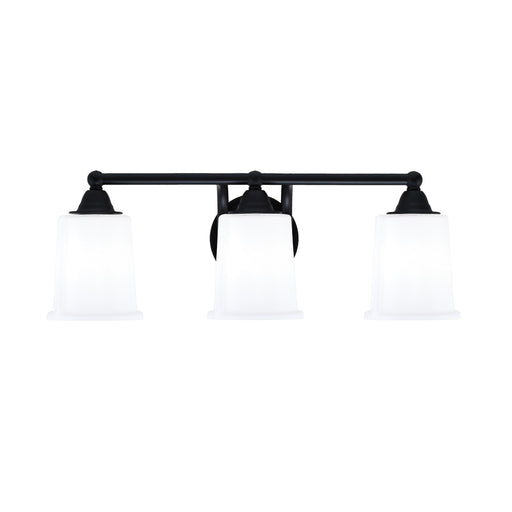 Toltec Paramount 3-Light Bath Bar | Modern Matte Black and White Opal Glass | Bathroom Vanity & Powder Room | 7.25 x 7.75 in | Model 3423-MB-5031