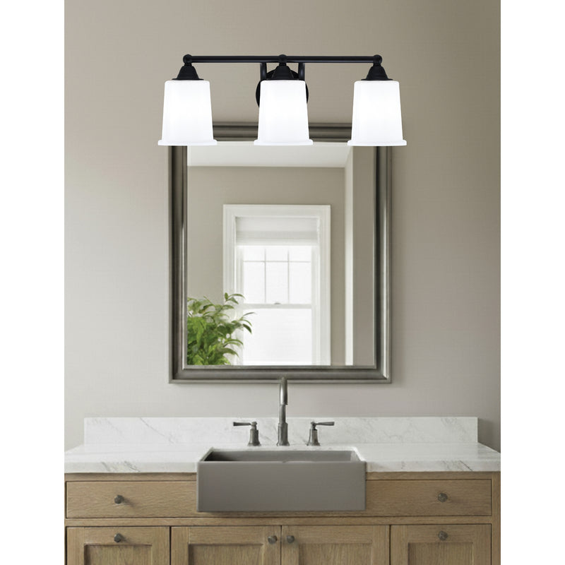 Toltec Paramount 3-Light Bath Bar | Modern Matte Black and White Opal Glass | Bathroom Vanity & Powder Room | 7.25 x 7.75 in | Model 3423-MB-5031