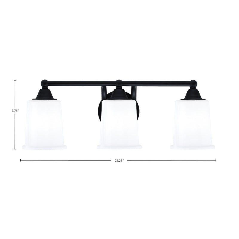 Toltec Paramount 3-Light Bath Bar | Modern Matte Black and White Opal Glass | Bathroom Vanity & Powder Room | 7.25 x 7.75 in | Model 3423-MB-5031