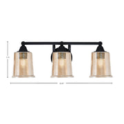 Toltec Paramount 3-Light Bath Bar | Modern Matte Black and Amber Bubble Glass | Bathroom & Powder Room Vanity Light | 7.25 x 7.75 in | Model 3423-MB-5033