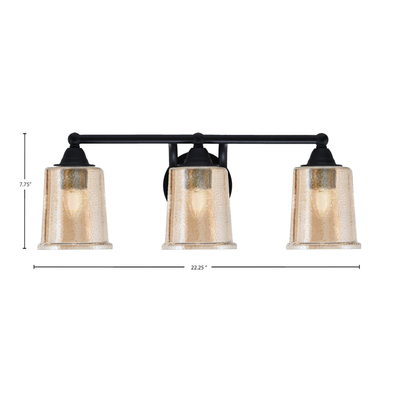 Toltec Paramount 3-Light Bath Bar | Modern Matte Black and Amber Bubble Glass | Bathroom & Powder Room Vanity Light | 7.25 x 7.75 in | Model 3423-MB-5033
