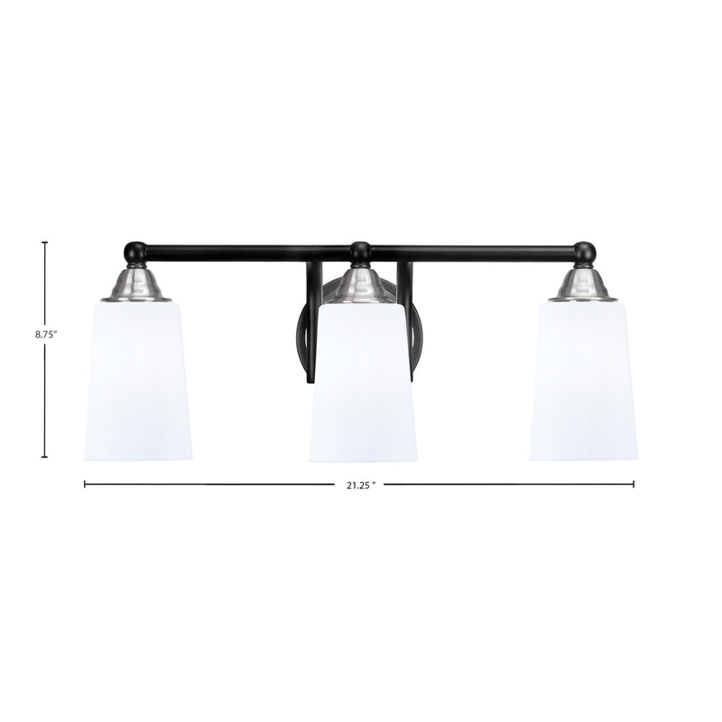Toltec Paramount 3-Light Bath Bar | Matte Black & Brushed Nickel Steel and White Opal Glass | Bathroom Vanity & Powder Room | 7.25 x 8.75 in | Model 3423-MBBN-261