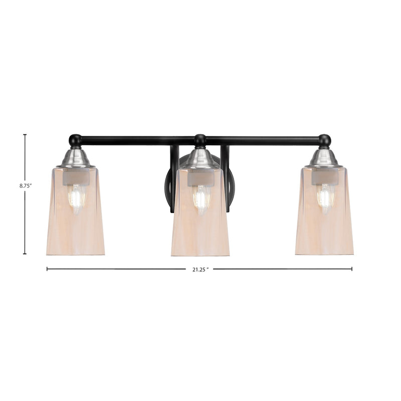 Toltec Paramount 3-Light Bath Bar | Matte Black & Brushed Nickel Steel and Amber Gradient Glass | Bathroom Vanity & Powder Room | 7.25 x 8.75 in | Model 3423-MBBN-263