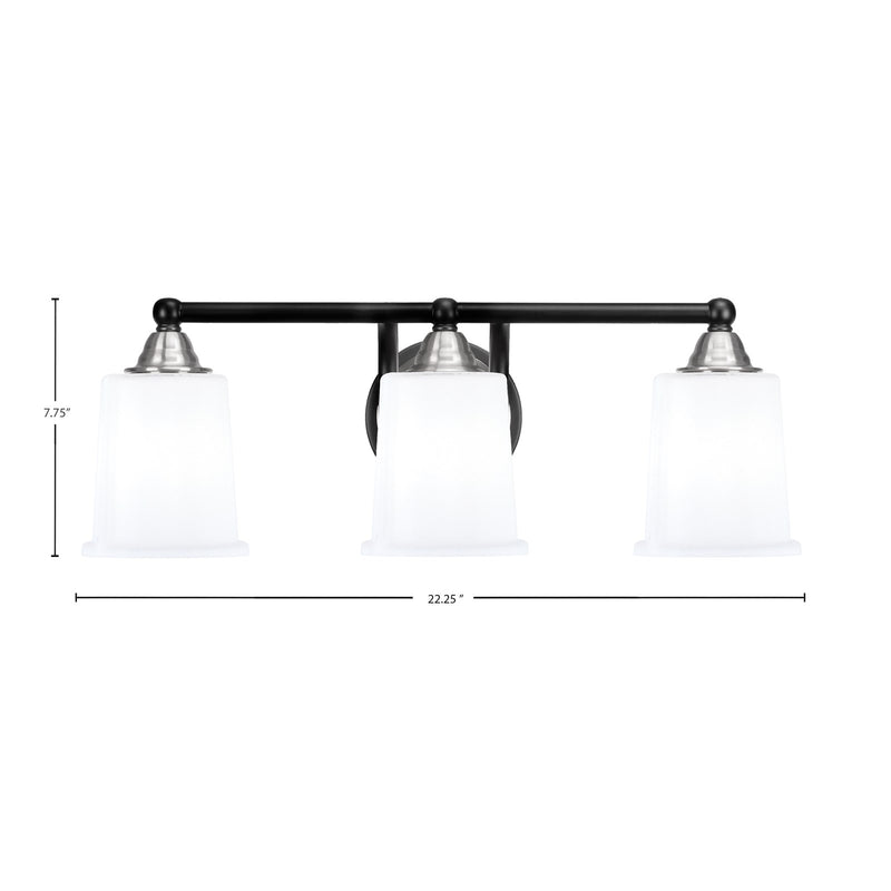 Toltec Paramount 3-Light Bath Bar | Modern Matte Black & Brushed Nickel with White Opal Glass | Bathroom Vanity Light | D 7.25 x H 7.75 in | Model 3423-MBBN-5031