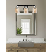 Toltec Paramount 3-Light Bath Bar | Modern Matte Black & Brushed Nickel with Amber Bubble Glass | Bathroom Vanity Light | D 7.25 x H 7.75 in | Model 3423-MBBN-5033