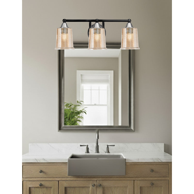 Toltec Paramount 3-Light Bath Bar | Modern Matte Black & Brushed Nickel with Amber Bubble Glass | Bathroom Vanity Light | D 7.25 x H 7.75 in | Model 3423-MBBN-5033