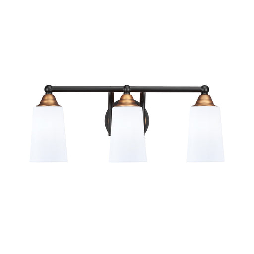 Toltec Paramount 3-Light Bath Bar | Modern Matte Black and Brass with White Opal Glass | Bathroom Vanity Lighting | 7.25 x 8.75 in | Model 3423-MBBR-261