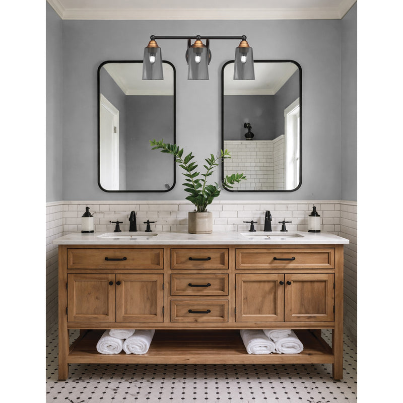 Toltec Paramount 3-Light Bath Bar | Modern Matte Black and Brass with Smoke Bubble Glass | Bathroom Vanity Lighting | 7.25 x 8.75 in | Model 3423-MBBR-262