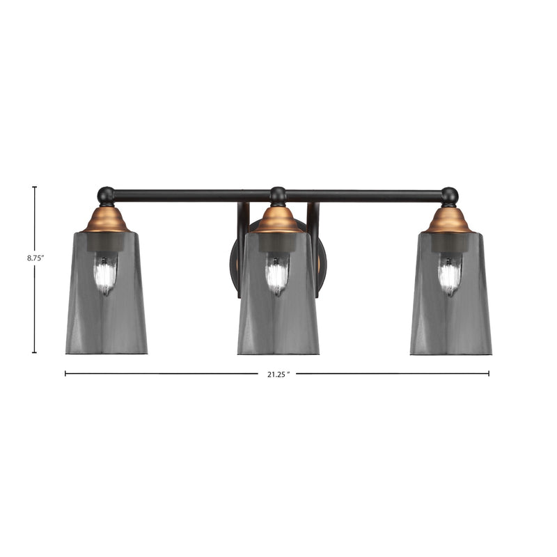 Toltec Paramount 3-Light Bath Bar | Modern Matte Black and Brass with Smoke Bubble Glass | Bathroom Vanity Lighting | 7.25 x 8.75 in | Model 3423-MBBR-262