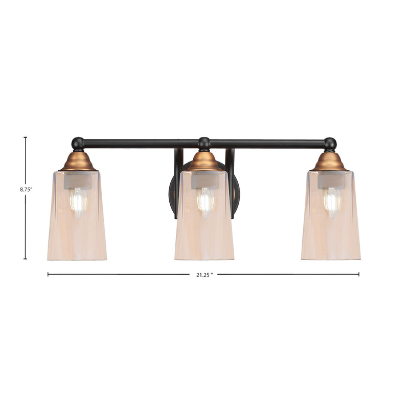 Toltec Paramount 3-Light Bath Bar | Modern Matte Black & Brass with Amber Gradient Glass | Bathroom Vanity & Powder Room | 7.25 x 8.75 in | Model 3423-MBBR-263