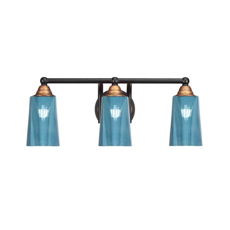 Toltec Paramount 3-Light Bath Bar | Modern Matte Black & Brass with Blue Gradient Glass | Bathroom Vanity & Powder Room | 7.25 x 8.75 in | Model 3423-MBBR-265