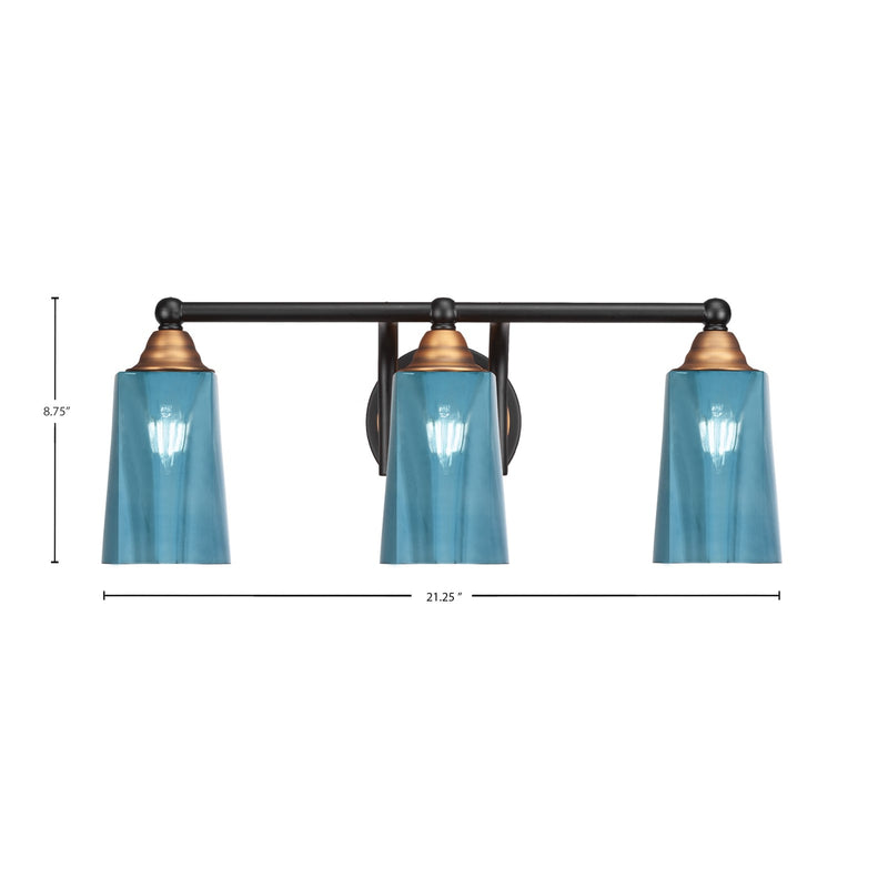Toltec Paramount 3-Light Bath Bar | Modern Matte Black & Brass with Blue Gradient Glass | Bathroom Vanity & Powder Room | 7.25 x 8.75 in | Model 3423-MBBR-265