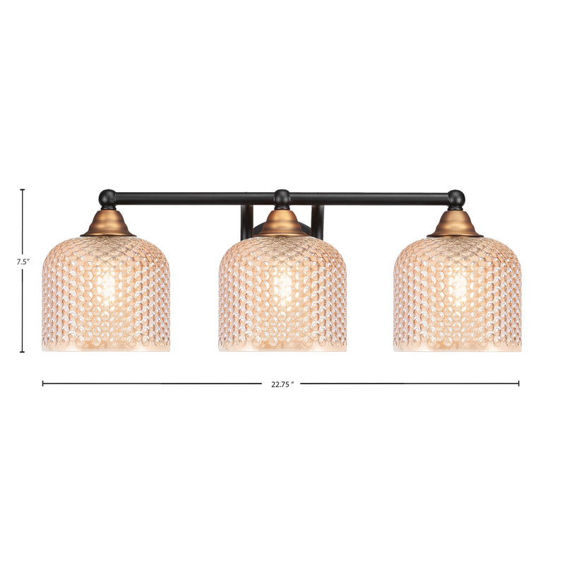 Toltec Paramount 22.75in 3-Light Bath Bar | Modern Matte Black & Brass Steel and Amber Textured Glass | Bathroom Vanity Light | 22.75 x 8.5 x 7.5 in | Model 3423-MBBR-4613