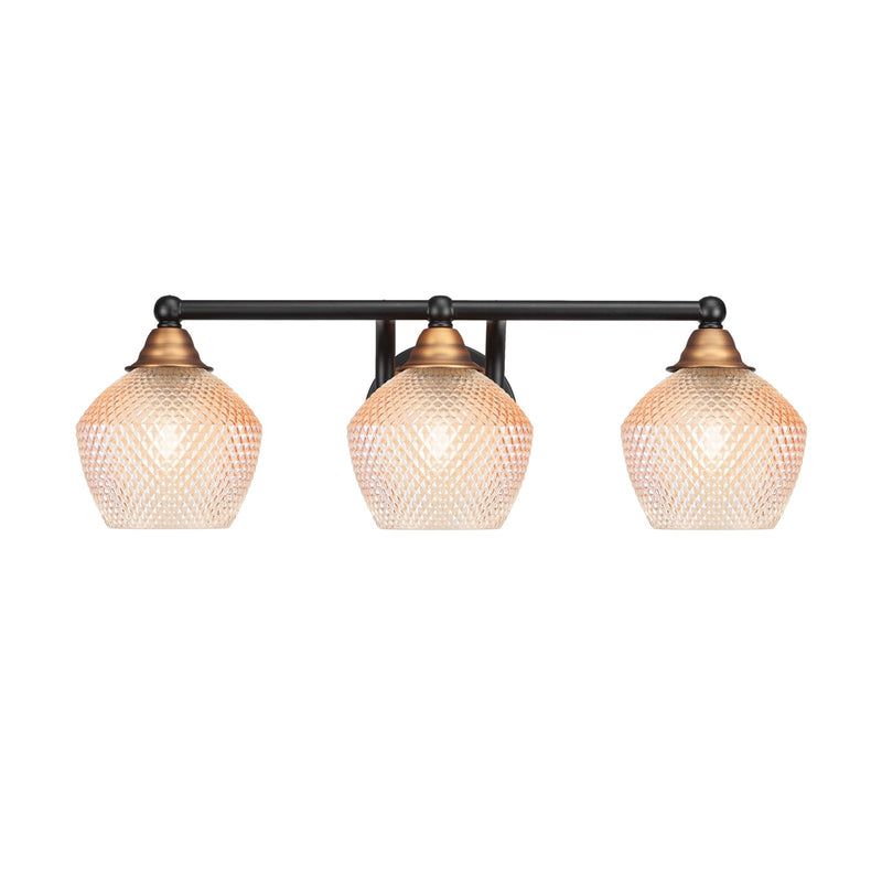 Toltec Paramount 23in 3-Light Bath Bar | Matte Black & Brass Steel and Amber Textured Glass | Bathroom Vanity | 22.75 x 8.5 x 7.5 in | Model 3423-MBBR-4623