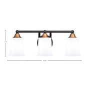 Toltec Paramount 3-Light Bath Bar | Modern Matte Black & Brass with White Opal Glass | Bathroom Vanity & Powder Room | 7.25 x 7.75 in | Model 3423-MBBR-5031