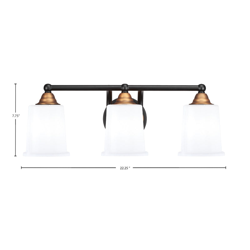 Toltec Paramount 3-Light Bath Bar | Modern Matte Black & Brass with White Opal Glass | Bathroom Vanity & Powder Room | 7.25 x 7.75 in | Model 3423-MBBR-5031
