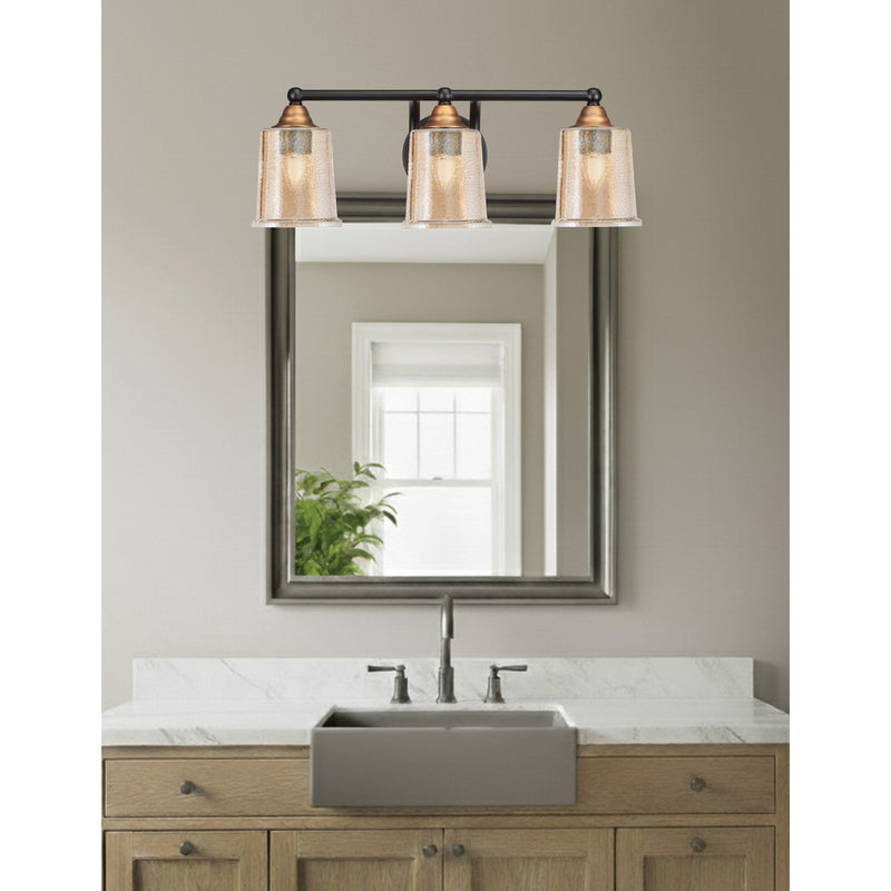 Toltec Paramount 3-Light Bath Bar | Modern Matte Black & Brass with Amber Bubble Glass | Bathroom Vanity & Powder Room | 7.25 x 7.75 in | Model 3423-MBBR-5033