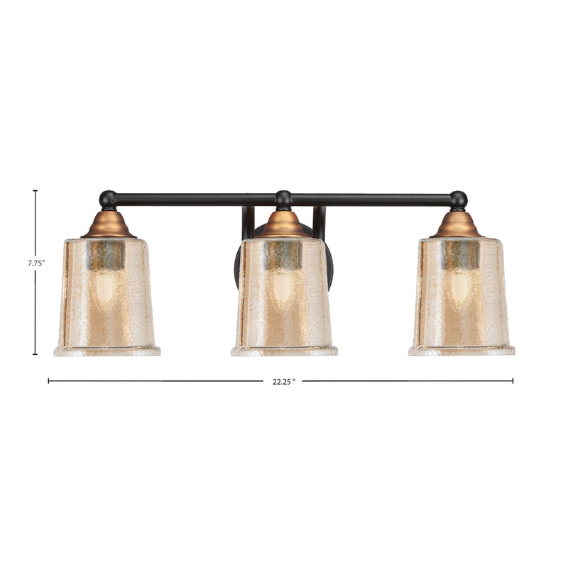 Toltec Paramount 3-Light Bath Bar | Modern Matte Black & Brass with Amber Bubble Glass | Bathroom Vanity & Powder Room | 7.25 x 7.75 in | Model 3423-MBBR-5033