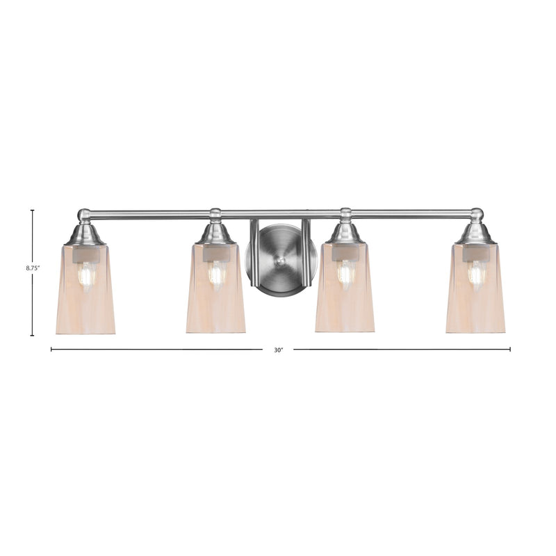Toltec Paramount 4-Light Bath Bar | Brushed Nickel and Amber Gradient Glass | Bathroom Vanity & Powder Room | 7.25 x 8.75 in | Model 3424-BN-263