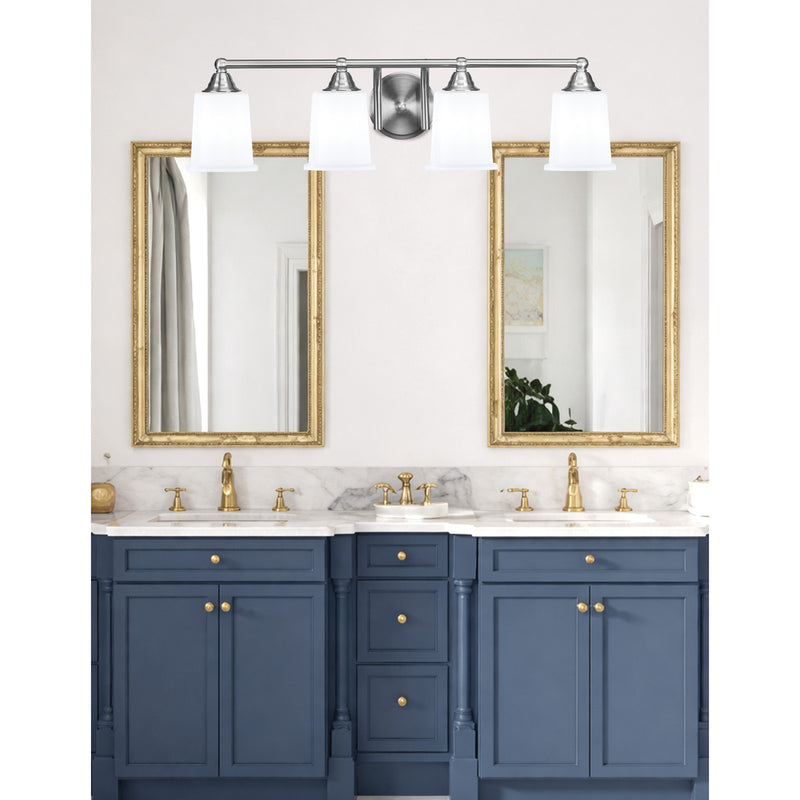 Toltec Paramount 4-Light Bath Bar | Modern Brushed Nickel and White Opal Glass | Bathroom Vanity & Powder Room | 7.25 x 7.75 in | Model 3424-BN-5031