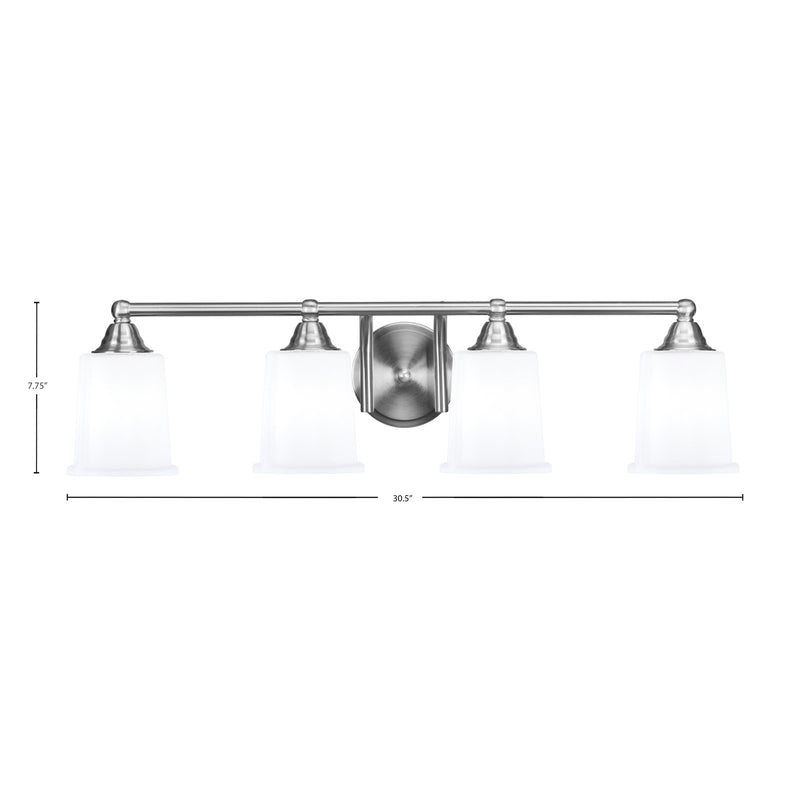 Toltec Paramount 4-Light Bath Bar | Modern Brushed Nickel and White Opal Glass | Bathroom Vanity & Powder Room | 7.25 x 7.75 in | Model 3424-BN-5031