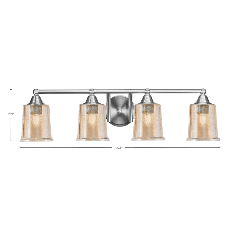 Toltec Paramount 4-Light Bath Bar | Modern Brushed Nickel and Amber Bubble Glass | Bathroom Vanity & Powder Room | 7.25 x 7.75 in | Model 3424-BN-5033