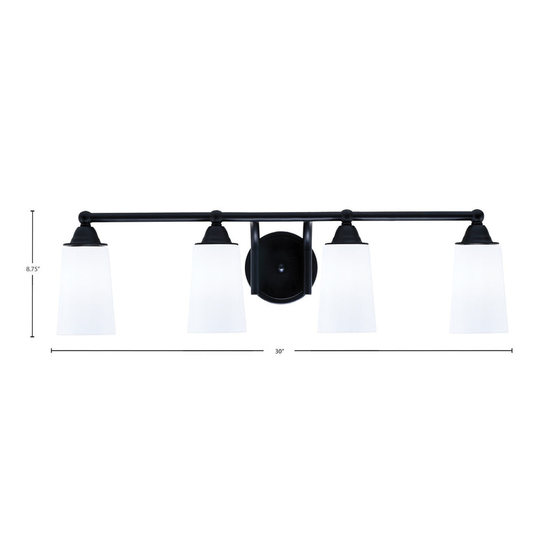 Toltec Paramount 4-Light Bath Bar | Matte Black Steel and White Opal Glass | Bathroom Vanity & Powder Room | 7.25 x 8.75 in | Model 3424-MB-261