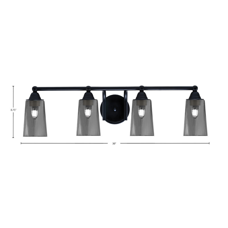 Toltec Paramount 4-Light Bath Bar | Matte Black Steel and Smoke Bubble Glass | Bathroom Vanity & Powder Room | 7.25 x 8.75 in | Model 3424-MB-262