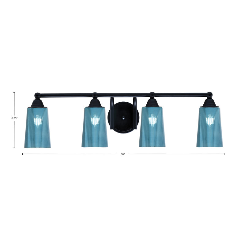 Toltec Paramount 4-Light Bath Bar | Modern Matte Black Steel and Blue Gradient Glass | Bathroom & Powder Room Vanity Light | 7.25 x 8.75 in | Model 3424-MB-265