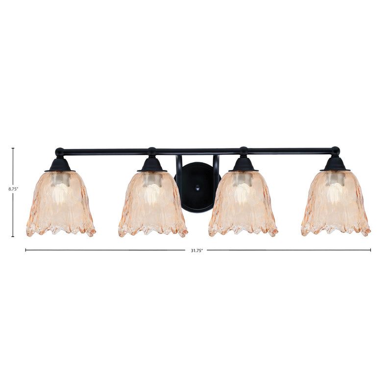Toltec Paramount 4-Light Bath Bar | Modern Matte Black Steel and Amber Lava Glass | Bathroom Vanity Light | 8 x 8.75 in | Model 3424-MB-4233