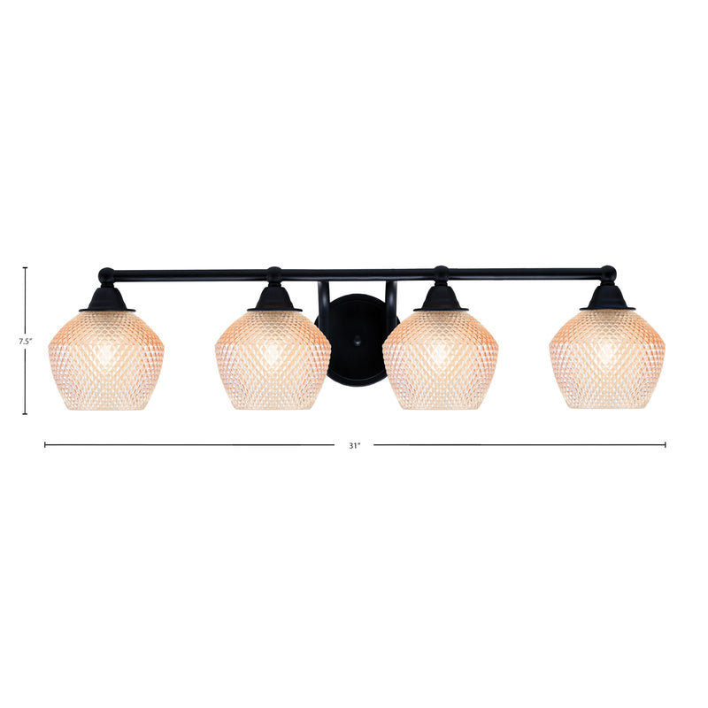 Toltec Paramount 31in 4-Light Bath Bar | Matte Black Steel and Amber Textured Glass | Bathroom Vanity | 31 x 8.5 x 7.5 in | Model 3424-MB-4623
