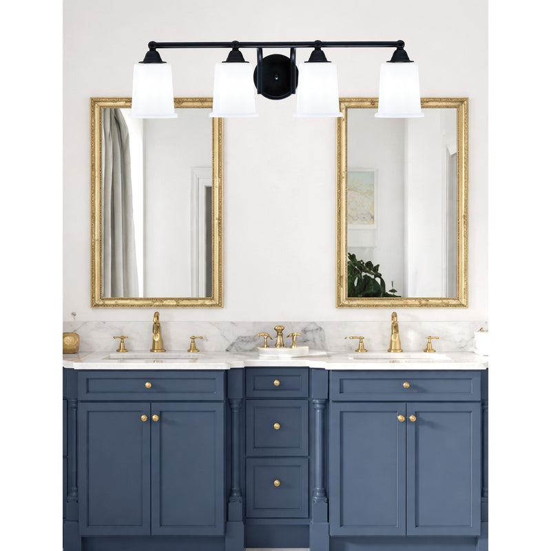 Toltec Paramount 4-Light Bath Bar | Modern Matte Black Steel and White Opal Glass | Bathroom & Powder Room Vanity Light | 7.25 x 7.75 in | Model 3424-MB-5031