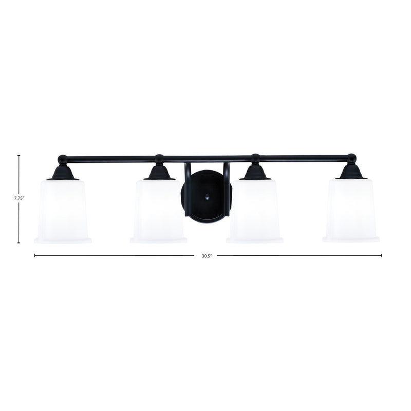 Toltec Paramount 4-Light Bath Bar | Modern Matte Black Steel and White Opal Glass | Bathroom & Powder Room Vanity Light | 7.25 x 7.75 in | Model 3424-MB-5031