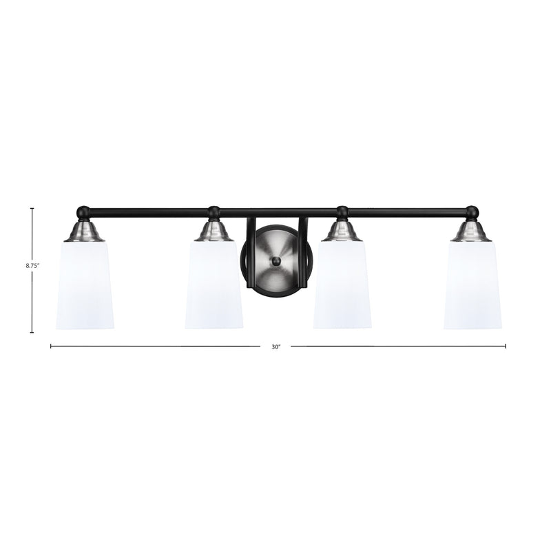 Toltec Paramount 4-Light Bath Bar | Matte Black & Brushed Nickel Steel and White Opal Glass | Bathroom Vanity & Powder Room | 7.25 x 8.75 in | Model 3424-MBBN-261