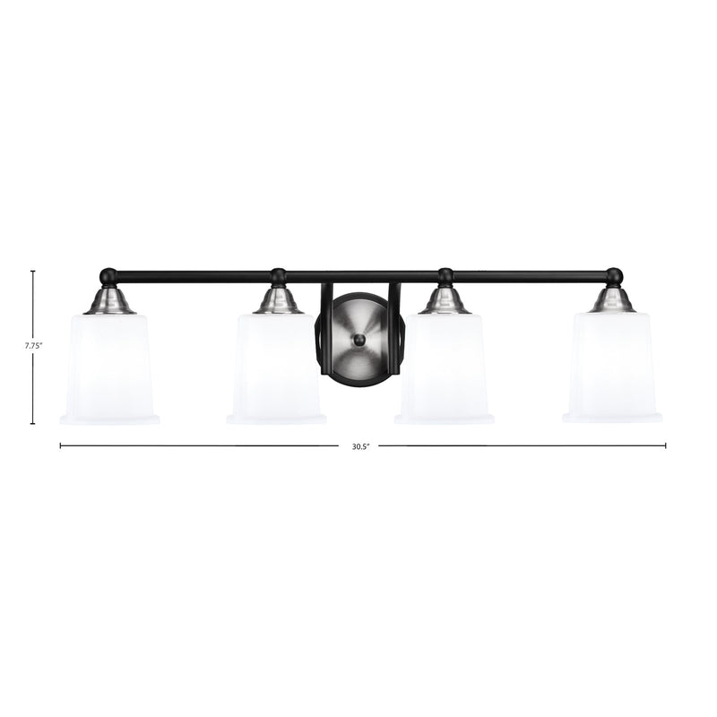 Toltec Paramount 4-Light Bath Bar | Modern Matte Black & Brushed Nickel with White Opal Glass | Bathroom Vanity Light | 7.25 x 7.75 in | Model 3424-MBBN-5031
